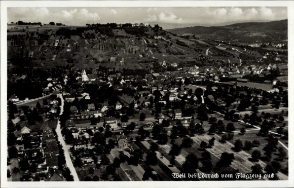 Ak Weil (bei Lörrach) am Rhein Baden, Luftaufnahme von Weil bei Lörrach, Stadtansicht, Flugzeugau