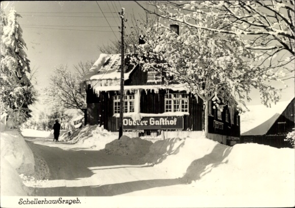 Ak Schellerhau Altenberg im Erzgebirge, Schneebedeckte Landschaft, Oberer Gasthof, Winterstimmung