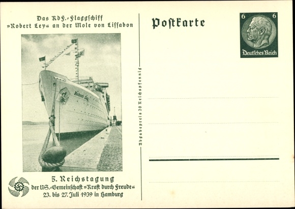 Postwaardekaart briefkaart KDF vlaggenschip Robert Ley, 5e KdF Reichstagung Hamburg 1939
