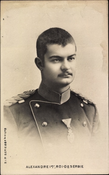 Postcard King Alexander I of Serbia, portrait in uniform, medal