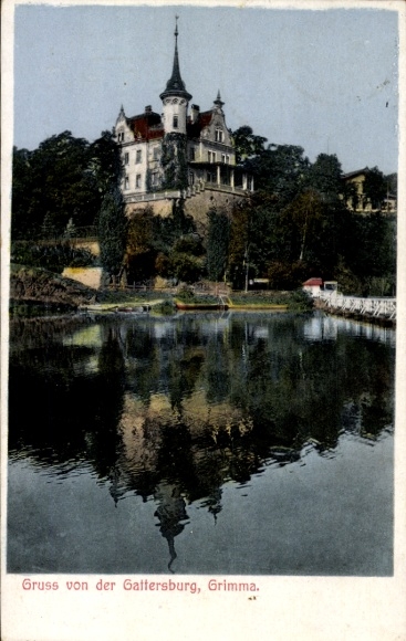 Ak Grimma in Sachsen, Schloss Gattersburg, Wasserreflexion, Postkarte, Farbige Darstellung