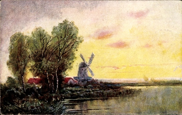 Artist Postcard landscape motif, windmill at dusk