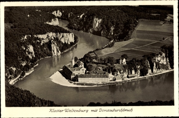 Postcard Kelheim an der Donau Niederbayern, aerial photograph of the Weltenburg monastery