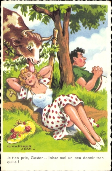 Artist Postcard Chaperon, Jean, Cow licks face of a sleeping woman