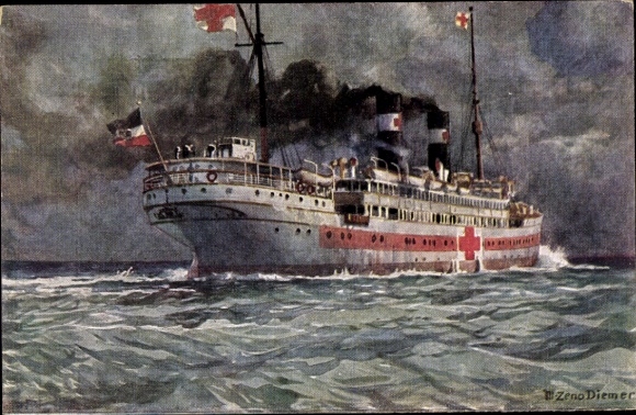 Kunstenaarskaart Diemer, Zeno, Duits hospitaalschip, verpleging in oorlog, WOI