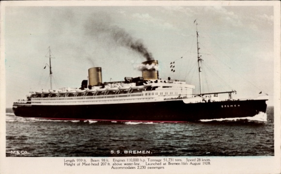 Postcard Dampfer Bremen, North German Lloyd Bremen, Turbine Express Steamer