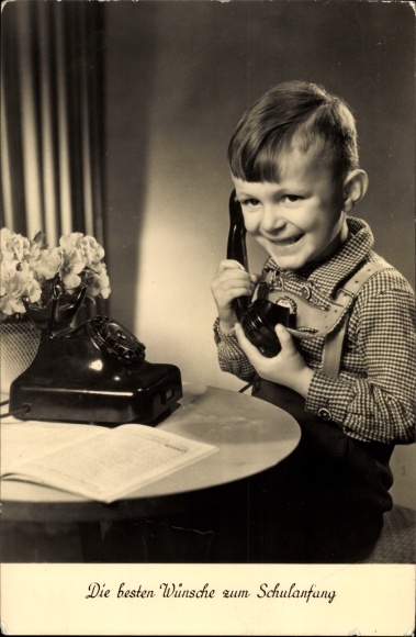 PC Congratulations on starting school, boy on the phone, flowers