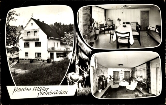 Postcard Steinbrücken Dietzhölztal in Hessen, Pension Müller, guest room, Hirsch