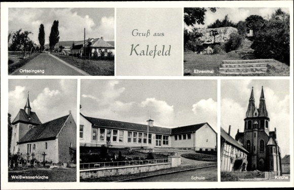 KP Kalefeld am Harz, wjazd do miasta, Weißwasserkirche, szkoła, kościół, pomnik