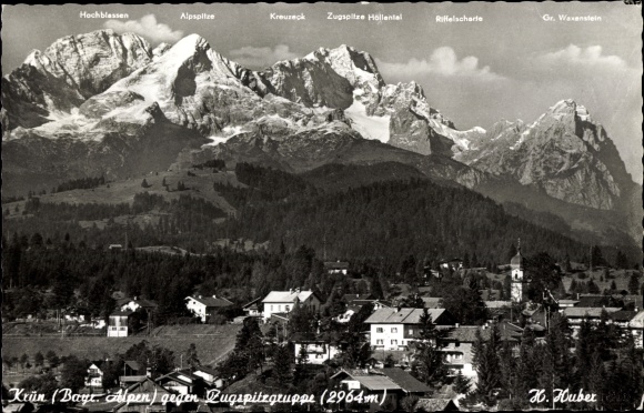 Postcard Krün in Upper Bavaria, town view, Bavarian Alps, Zugspitze group