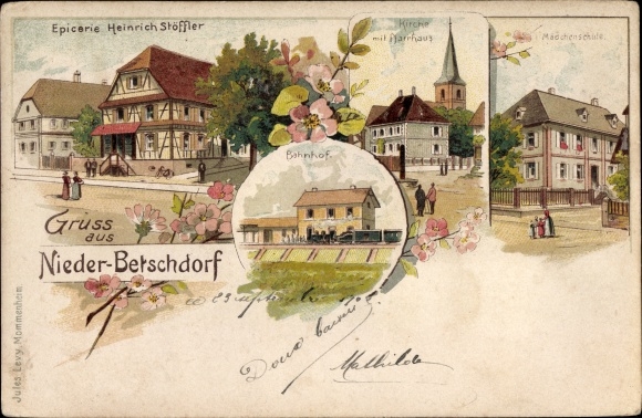 Chromo-Litho Niederbetschdorf Betschdorf Alsace Bas Rhin, train station, girls&#39; school, church, epicerie