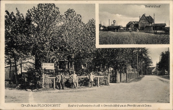 Postcard Plockhorst Edemissen in Lower Saxony, train station, station restaurant and shop Ferdinand Dau