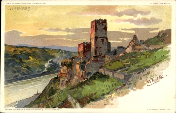 Artist Chromo-Litho Reiss, Fritz, Kaub am Rhein, Gutenfels castle ruins