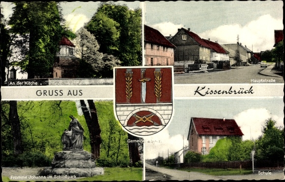 Wapen ansichtkaart kussen brück in Nedersaksen, kerk, hoofdstraat, vrome Johanna in het kasteelpark, school