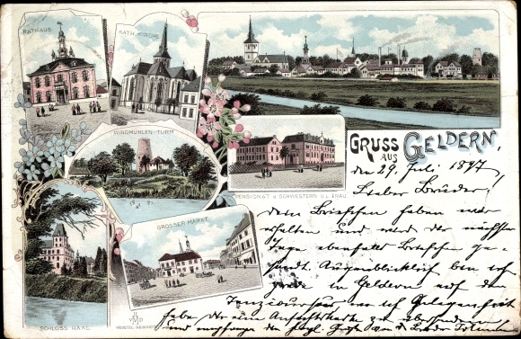 Litho Geldern am Niederrhein, Kirche, Rathaus, Pensionat der Schwestern unserer lieben Frau