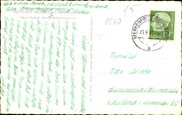 Postcard Merkenfritz Hirzenhain Hesse, House Henkel, youth health center DAK