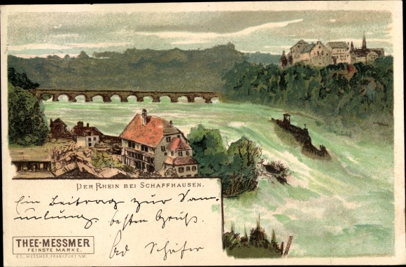Künstler Litho Biese, Schaffhausen am Rhein Schweiz, Landschaft, Rheinfall, Reklame, Thee Messmer