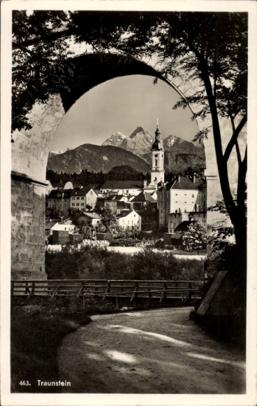 Postcard Traunstein in Upper Bavaria, partial view, church