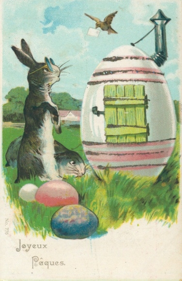 Glitter Chromo-Litho Happy Easter, Easter Bunny, Egg House