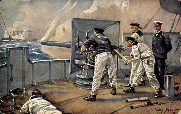 Artist Postcard Stöwer, Willy, Sailors at the gun of a warship, Imperial Navy
