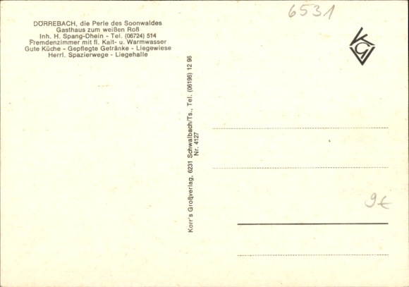 Postcard Dörrebach in the Hunsrück, panorama, deer, inn to the white horse