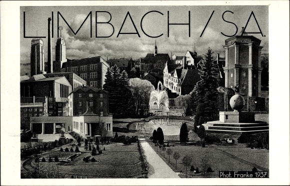 Postcard Limbach Oberfrohna Sachsen, fountain, tower, Müller Franke AG