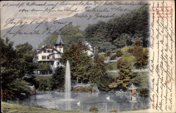 Ak Königsmühle Neustadt an der Weinstraße, Teich mit Fontäne, Haus