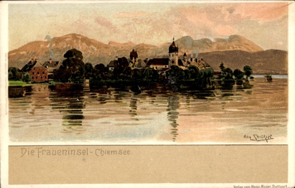 Artist Chromo-Litho Strutzel, Otto, Fraueninsel Municipality of Chiemsee Upper Bavaria, view of place and surroundings