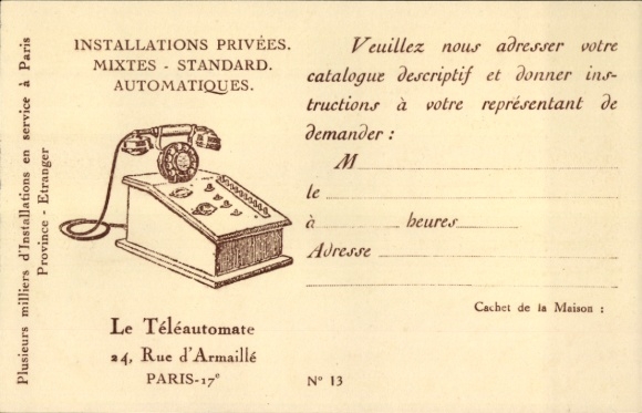 Ansichtkaart Parijs XVII., reclame, Le Teleautomate, Private Installations, 24 di d'Armaille