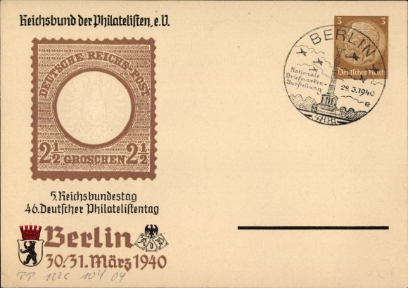 Postwaardekaart Berlijn, Reichsvereniging van Filatelisten 30.-31. Maart 1940