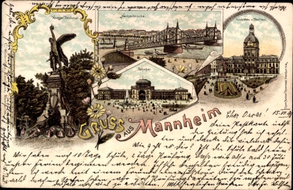 Litho Mannheim in Baden, Kriegerdenkmal, Neckarbrücke, Bahnhof