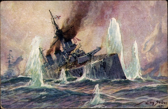 Artist PC Stöwer, Willy, Naval Battle North Sea 1915, English battle cruiser, German cruiser