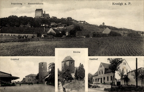 Ak Krosigk Petersberg im Saalekreis, Petersberg, Bismarckturm, Kirche, Gasthof, Gutshof