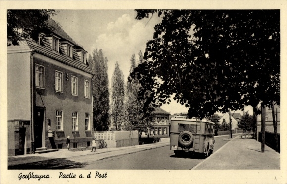 Ak Großkayna Braunsbedra Saksen-Anhalt, bij het postkantoor, bus