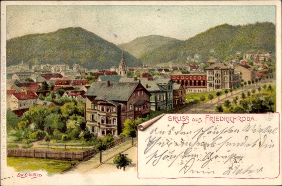 Artist Chromo-Litho Spindler, Erwin, Friedrichroda in the Thuringian Forest, panoramic view of the city