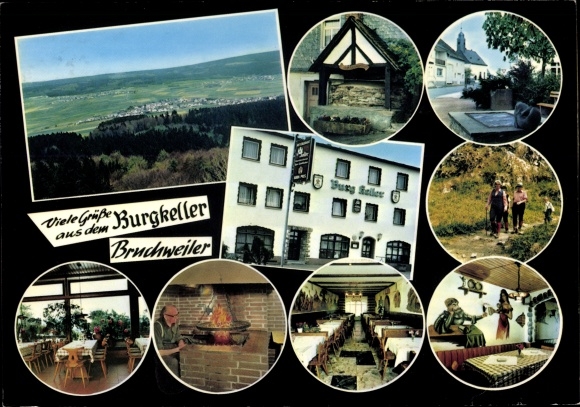 Postcard Bruchweiler im Hochwald, bird show, church, hotel Burgkeller