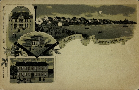 Moonlight Chromo-Litho Zarrentin am Schaalsee, general view, post office, train station, guest house Stadt Hamburg