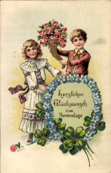 Glitter embossed PC congratulations name day, children, flowers, clover