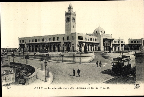 Ak Oran Algerije, La Nouvelle Gare des Chemins de fer de PLM, tram