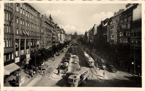 Postcard Praha Prague Czech Republic, Wenceslas Square, tram