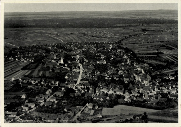 Postcard Altenheim Neuried in Baden, aerial view of fields, village architecture, landscape