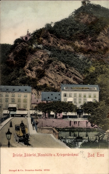 Ak Bad Ems an der Lahn, Brücke, Bäderlei, Mosshütte, Kriegerdenkmal,  