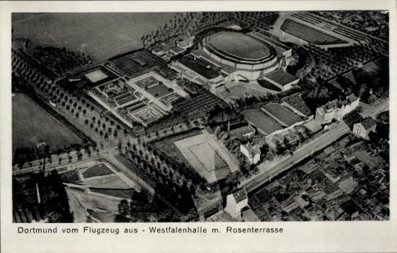 Postcard Dortmund in the Ruhr area, aerial view of Westfalenhalle, Rose Terrace