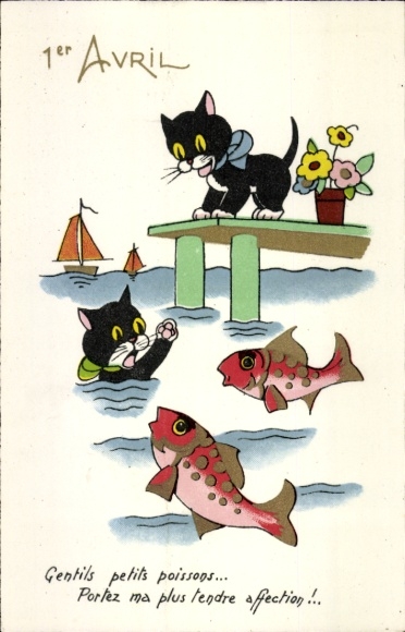 Ak Glückwunsch 1. April, Katzen, Fische, Blumen