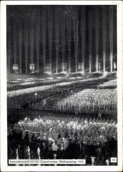 PC Nuremberg, Nazi Party Rally 1936, official roll call on the Zeppelin meadow at night, light dome