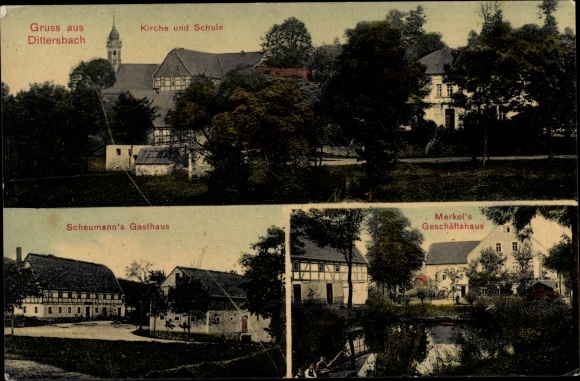 Ak Dittersbach Frauenstein im Erzgebirge, Kirche, Schule, Scheumann's Gasthaus