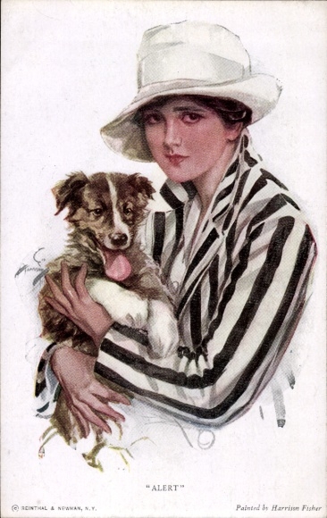 Artist Postcard Fisher, Harrison, woman in fashionable striped dress, dog