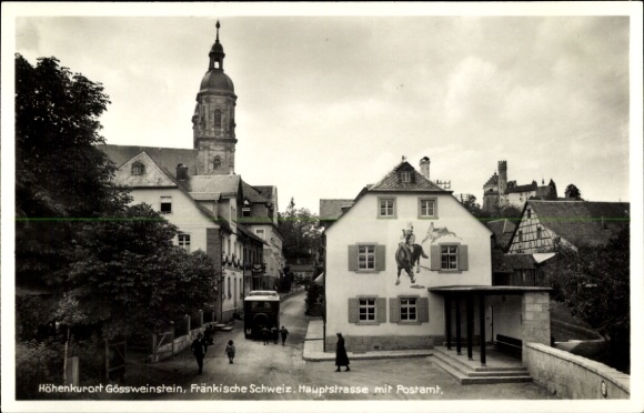Postcard Gößweinstein in Upper Franconia, main street with post office, tower