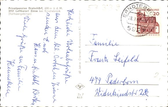 Postcard Zinse Erndtebrück in Westphalia, Rothaargebirge, Privatpension Dreischärf