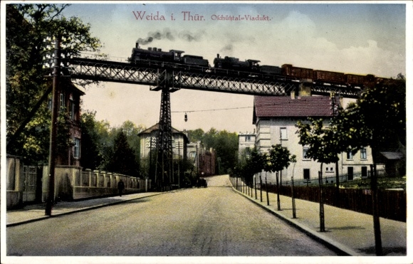 Ak Weida in Thüringen, Oschütztal Viadukt, Eisenbahnbrücke, Dampflok